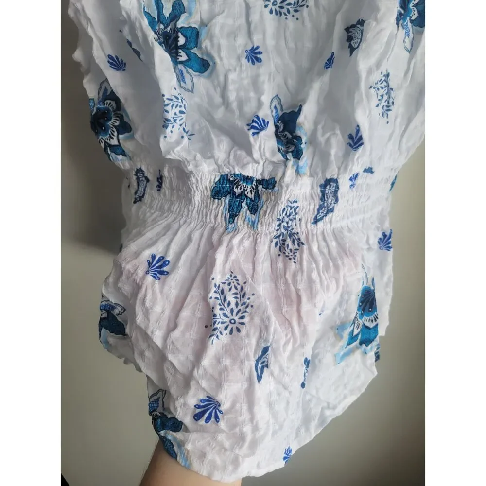 LOFT Extra Small S Sleeveless Top White Blue Paisley Plaid Smocked Peplum Top
